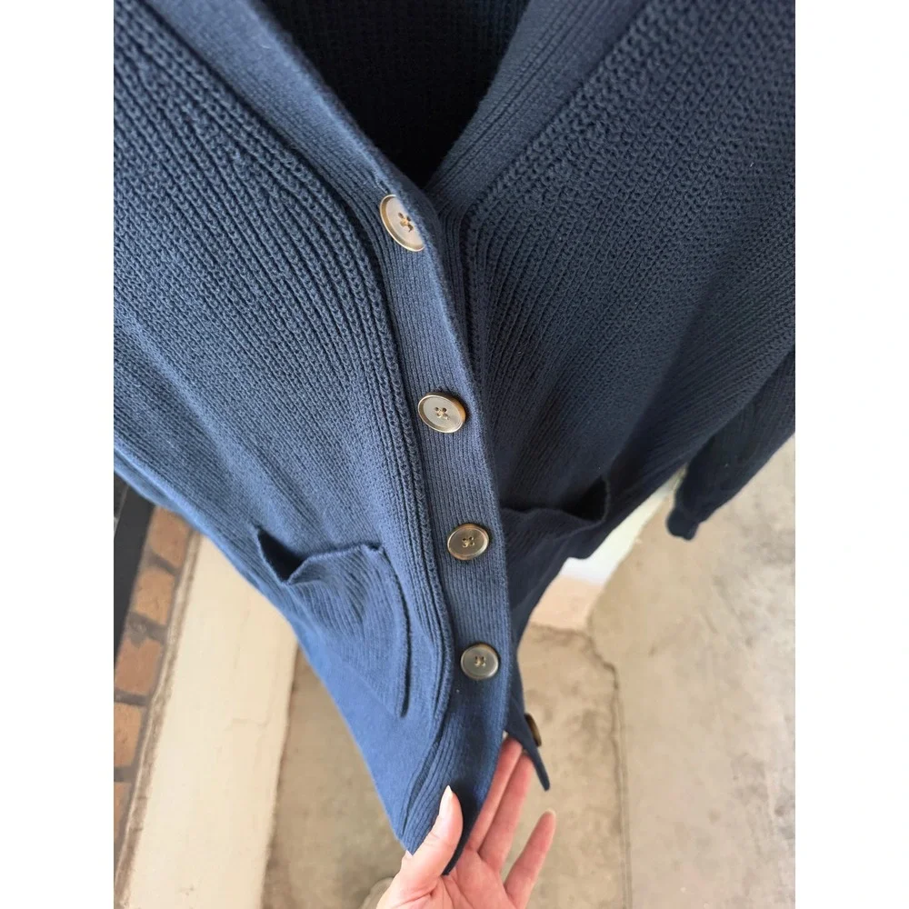 LOFT Cotton Knit Navy Blue Shaker Cardigan Sweater Button Front Large - Picture 4 of 9